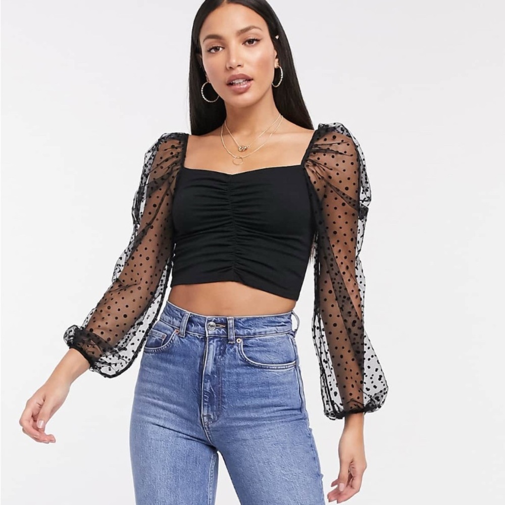 ASOS Black Sheer Polka Dot Sleeve Crop Top